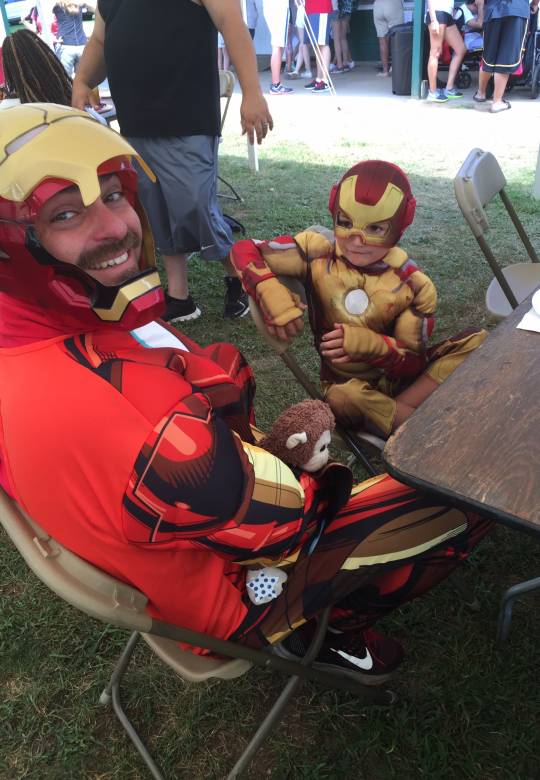 camper and staff dressed as Iron Man