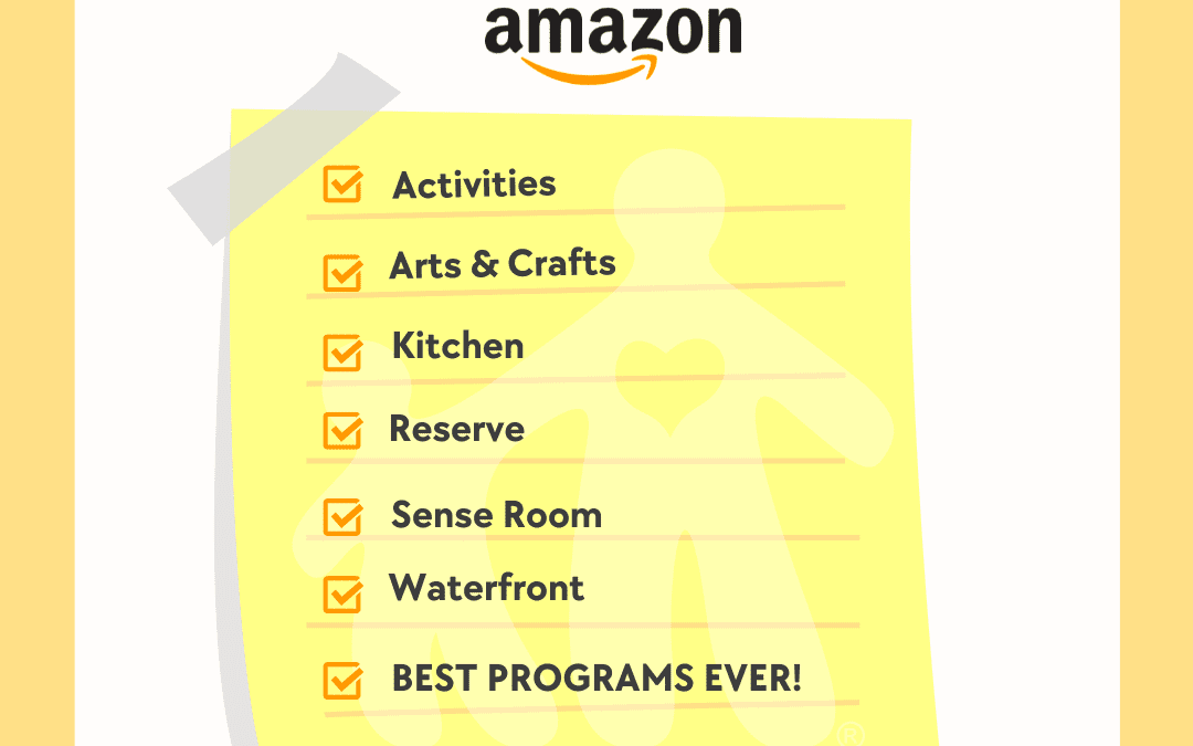 Graphic of a yellow pad of paper under the title of Camp Fatima 2023 Wish Lists - Amazon with a list that says Activities, Arts & Crafts, Kitchen, Reserve, Sense Room, Waterfront, BEST PROGRAMS EVER! We appreciate your Help!
